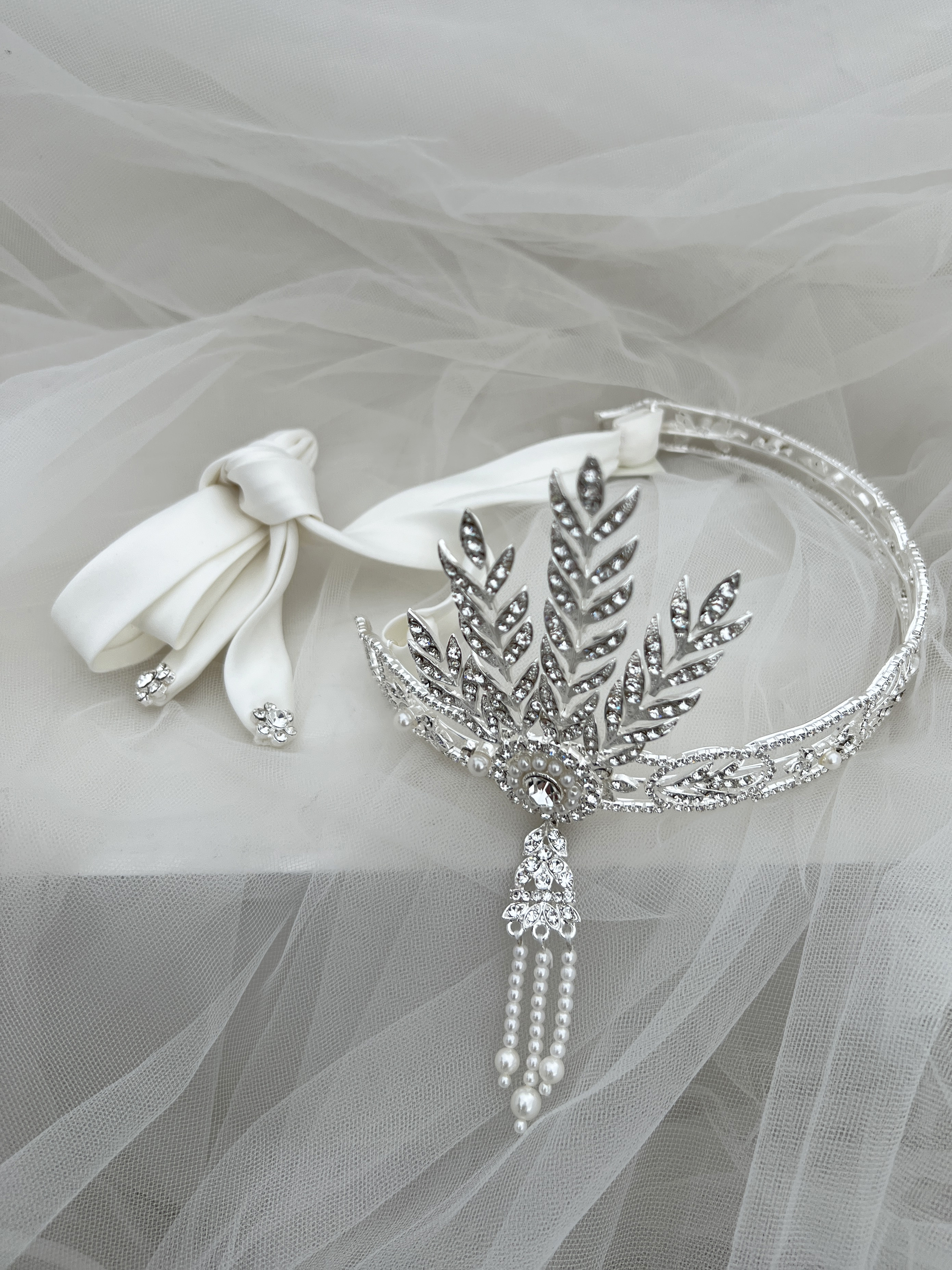 Bridal headband with satin ribbon tie